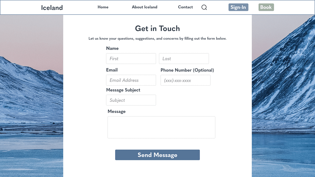 Contact page for desktop